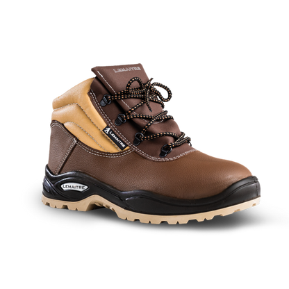 Brown work boot with tan lining on a white background